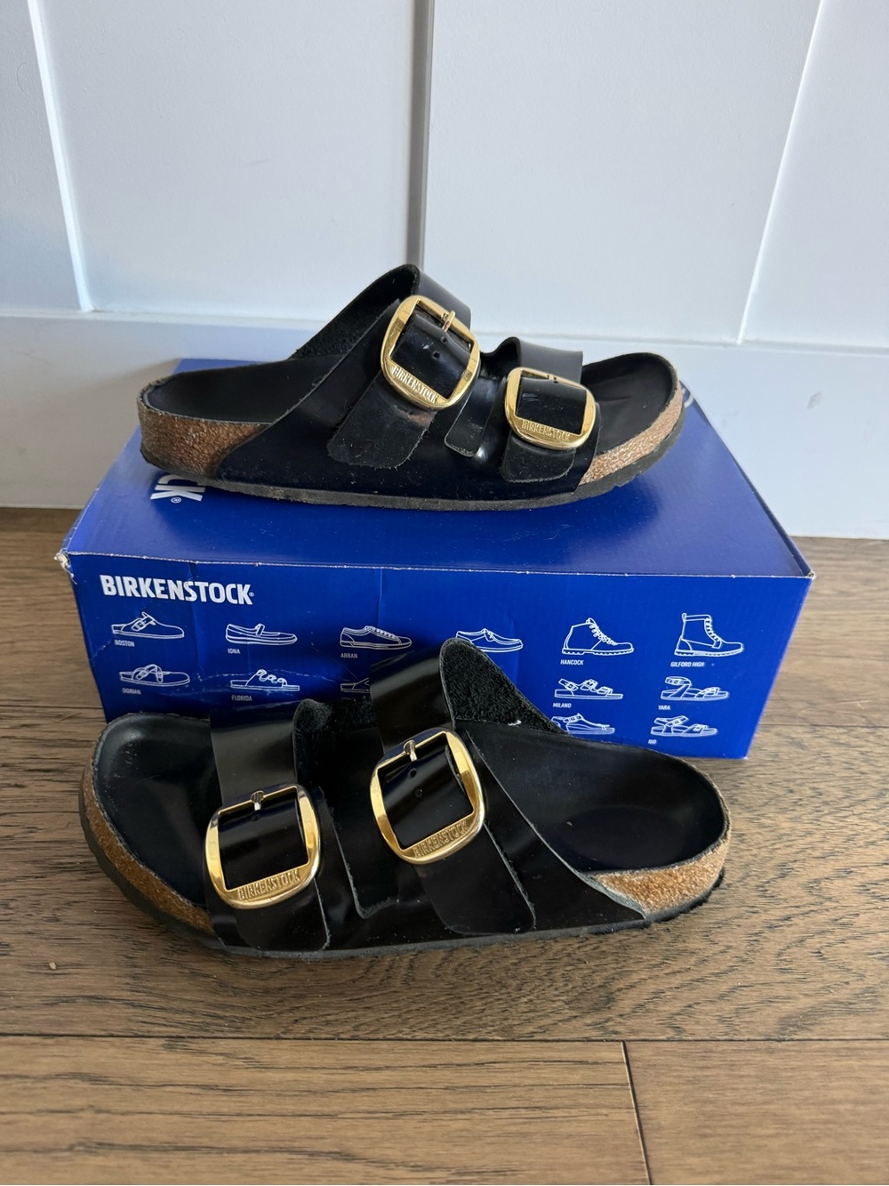 Birkenstock Big Buckle High Shine Black Arizona Sandals - Picture 2 of 14
